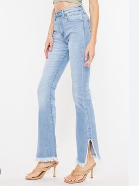 New! KanCan Light Blue Flare Jeans with Frayed Slit Hem | 27